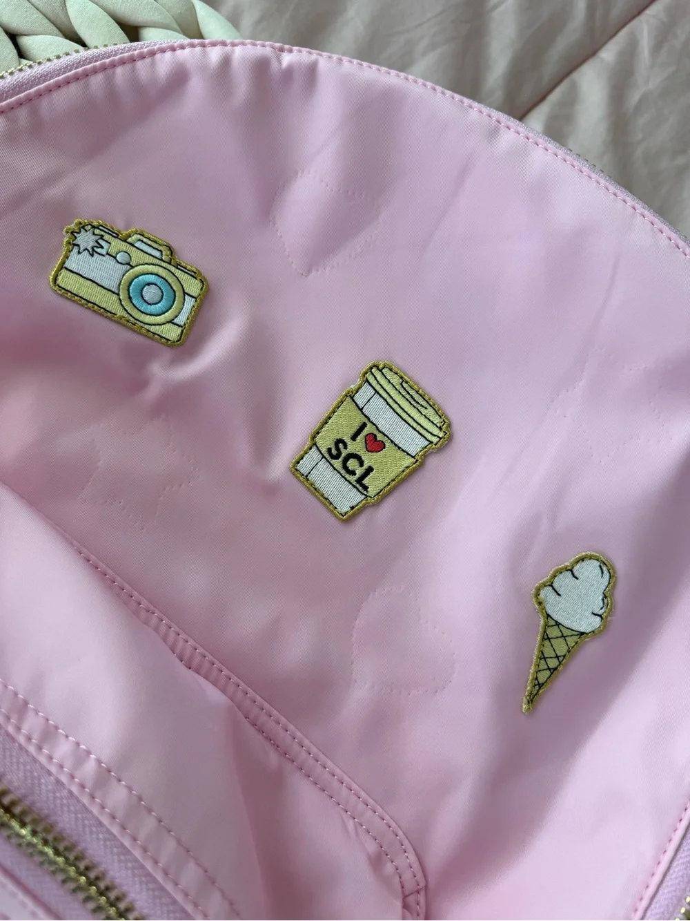Stoney Clover Lane Pink Backpack with Camera, Coffee & Ice Cream Patches